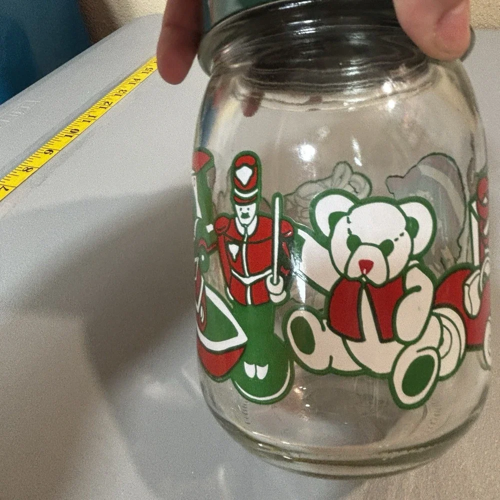 Anchor Hocking Christmas Canister Candy Jar Glass Green Lid Holiday Toys 1980's